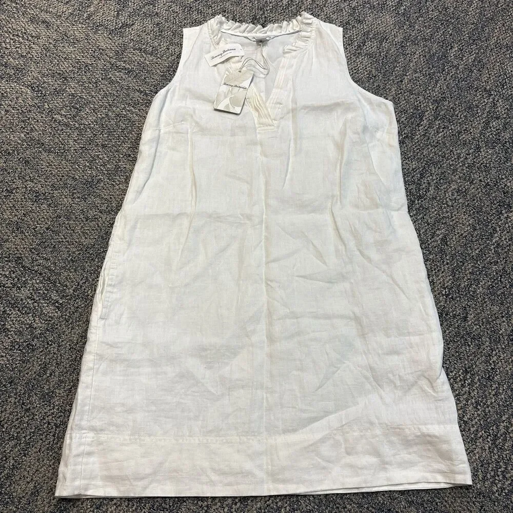 Tommy Bahama Two Palms Double Ruffle Dress Linen In White New Size Medium - Picture 1 of 8